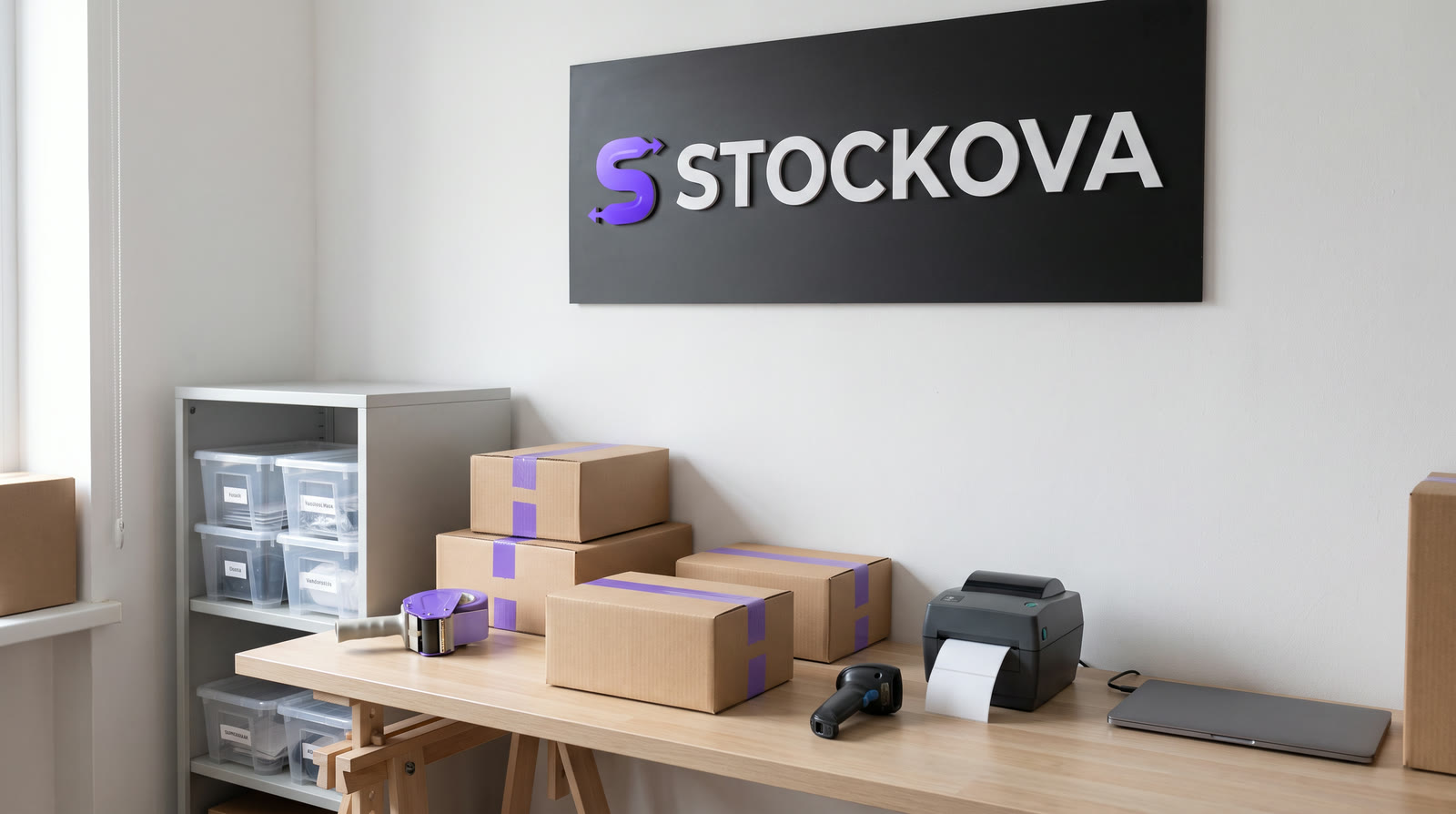 Le poste d'emballage Stockova : cartons, scotch violet, scanner et imprimante d'étiquettes