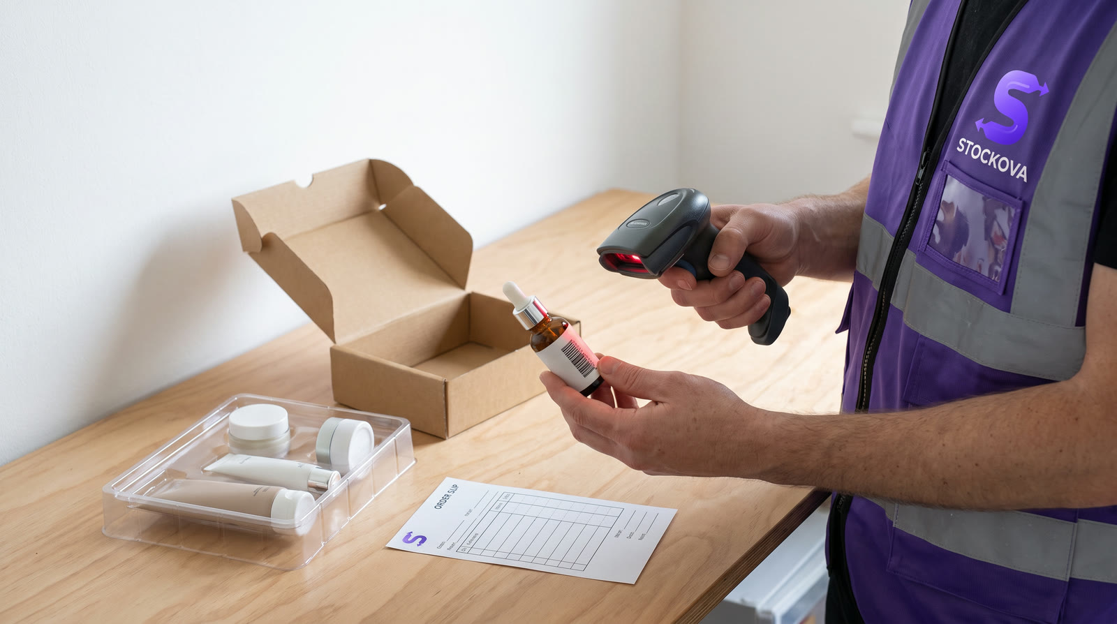 Préparation d'une commande : chaque produit est scanné avant d'être mis en carton